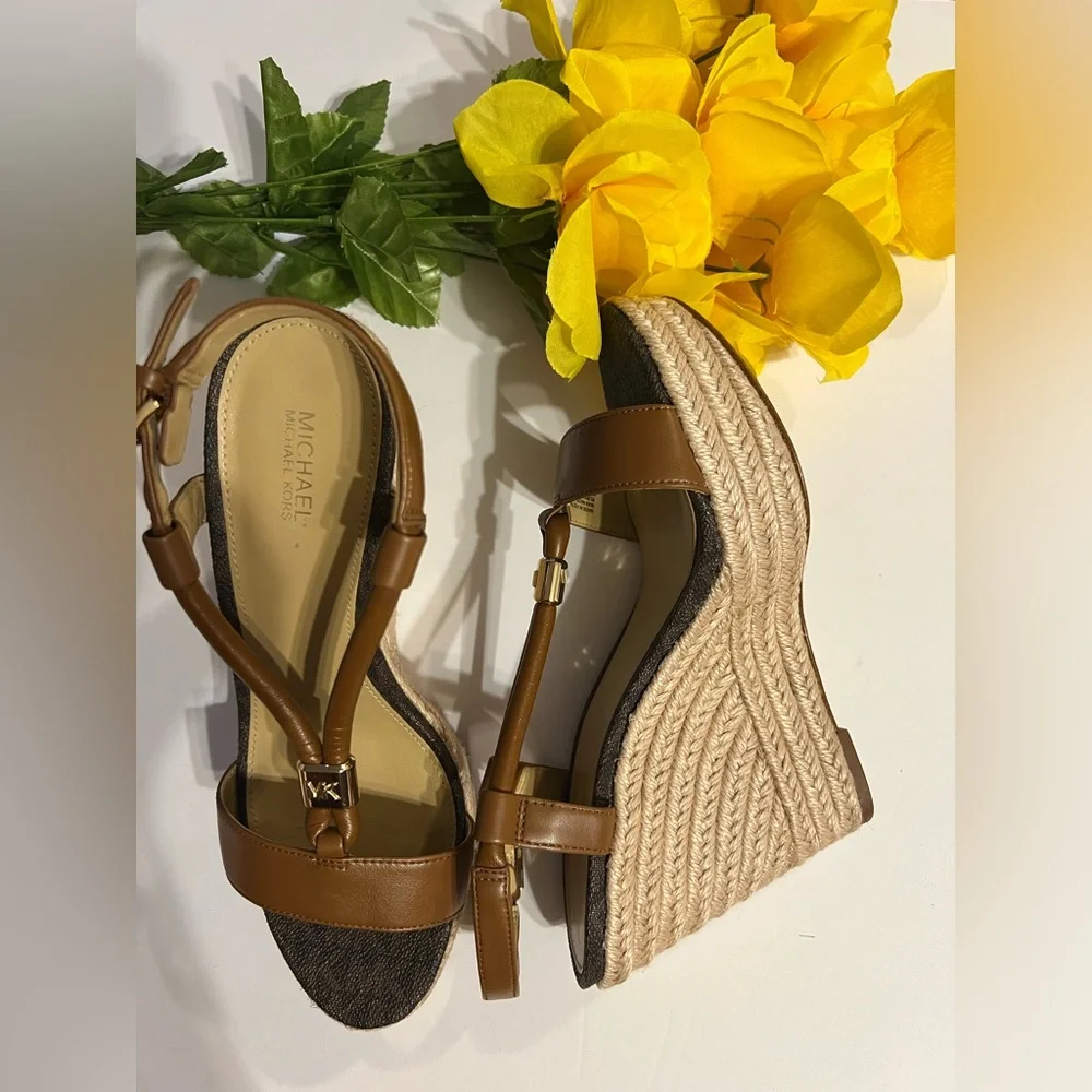 Michael Kors Women’s Brown Leather Espadrille Wedge Heels - Picture 1 of 5